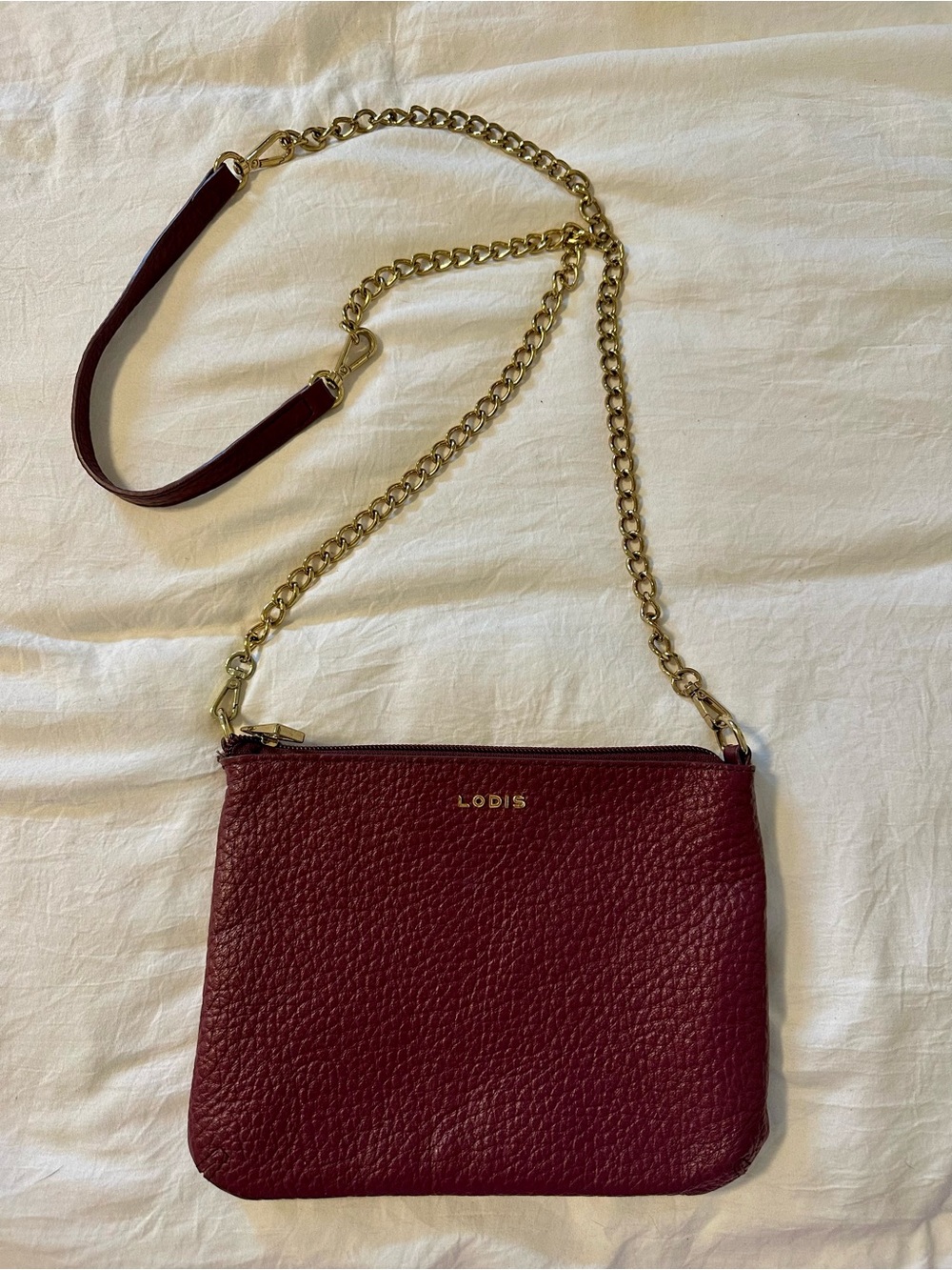 Lodis 5 in 1 Burgundy Pebbled Italian Leather Crossbody with Gold Chain Strap